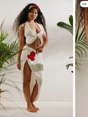 Urban outfitters Crochet Two-Piece Set with Red Rose Detail